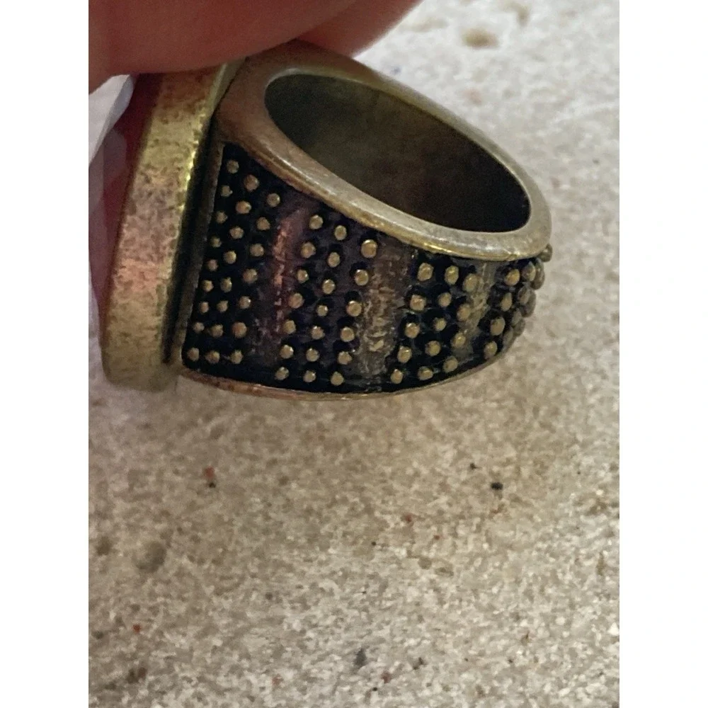 Antiqued Brass Tone Ring Large Red Faceted Cabochon Statement Chunky Renaissance